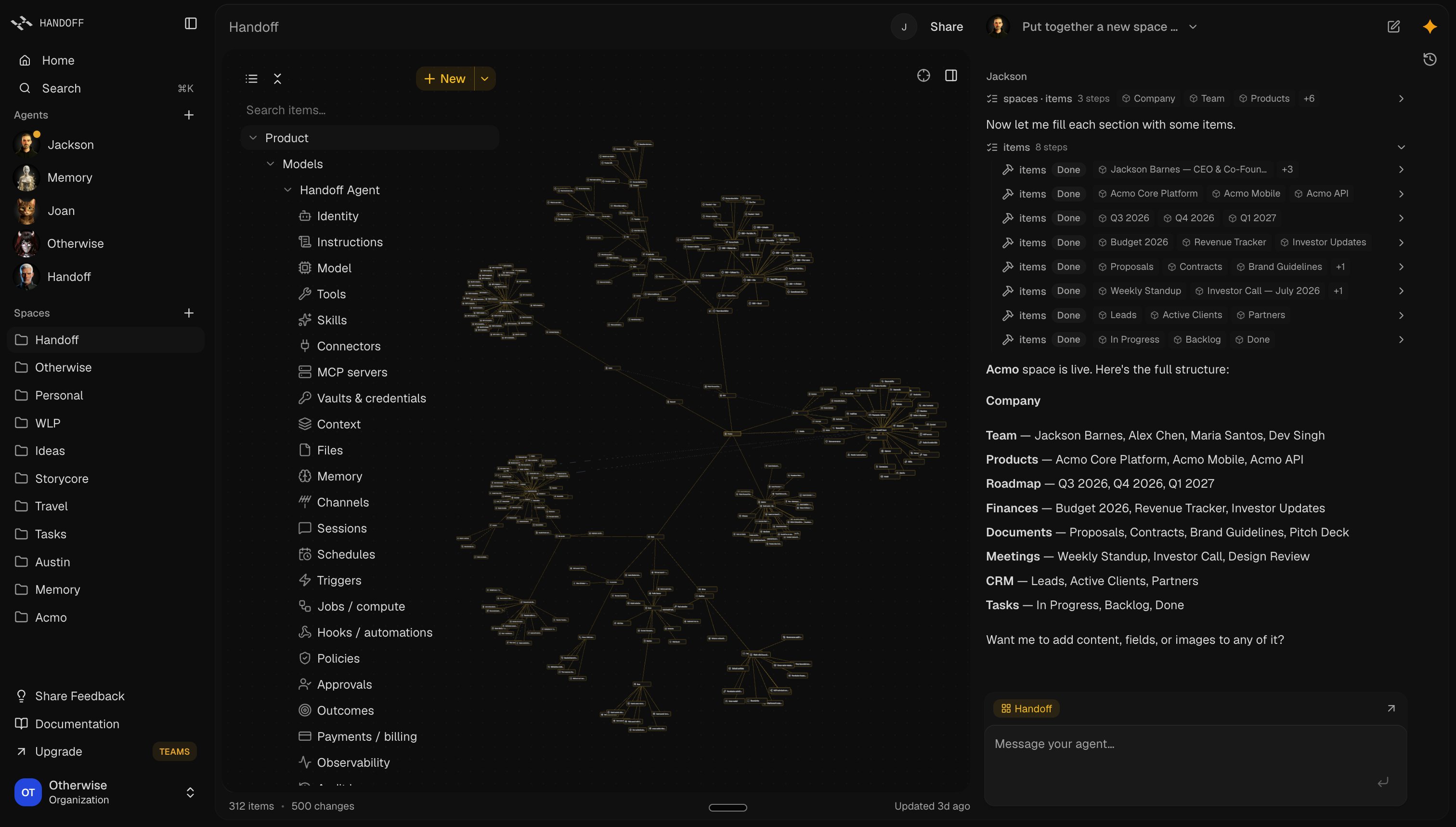 The Handoff workspace: item tree, graph canvas, and agent chat
