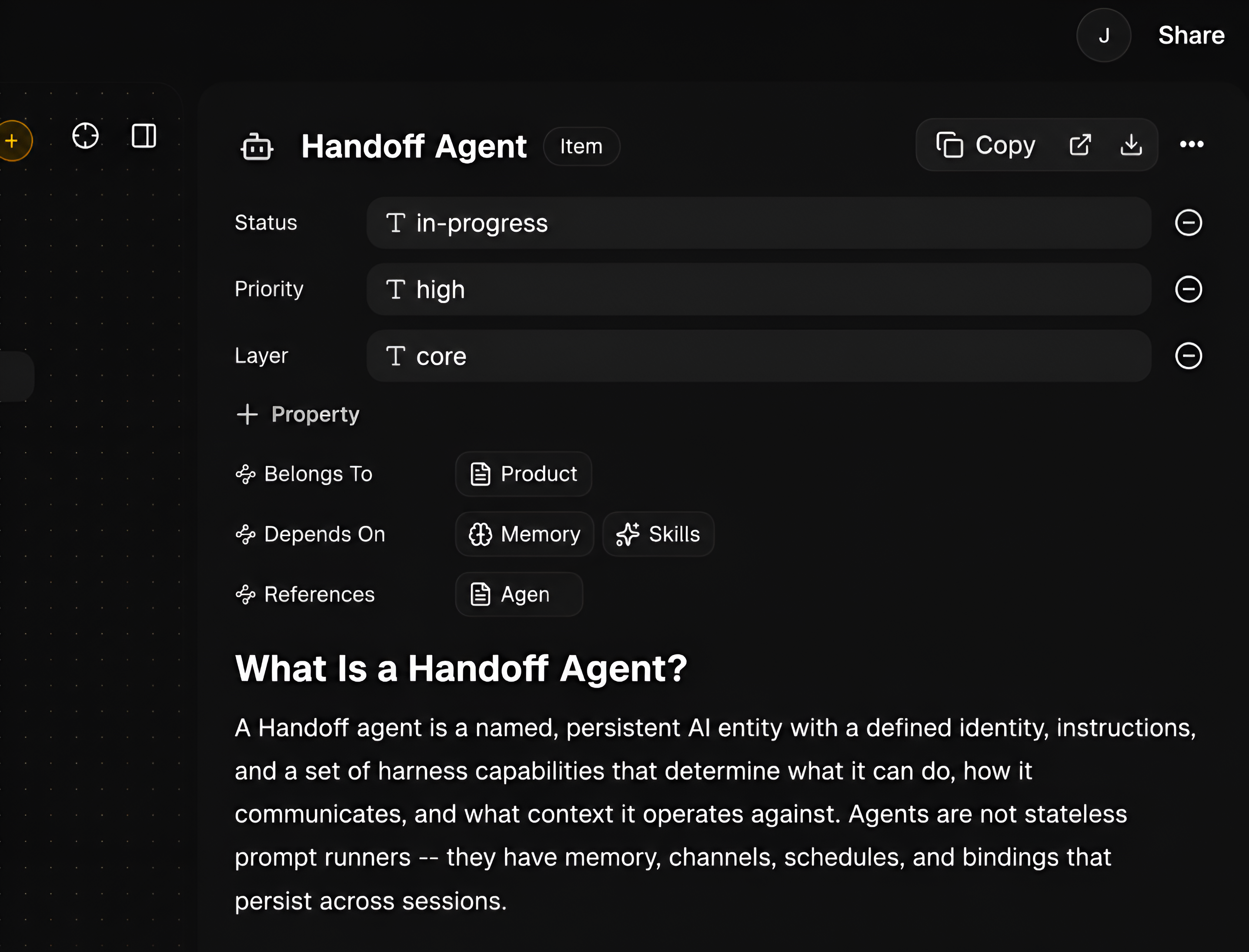 Item inspector with custom fields, relations, and a markdown document